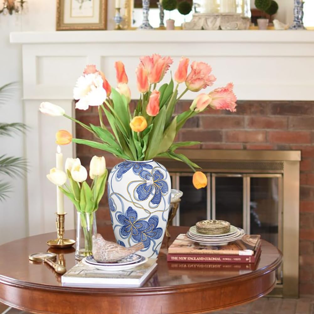 Blue and White Ceramic Vase for Home Decor – Hand-Painted Porcelain Flower Vase with Gold Accents – Chinoiserie-Inspired Home Decor Vases – 9" for Table, Shelf, or Mantel