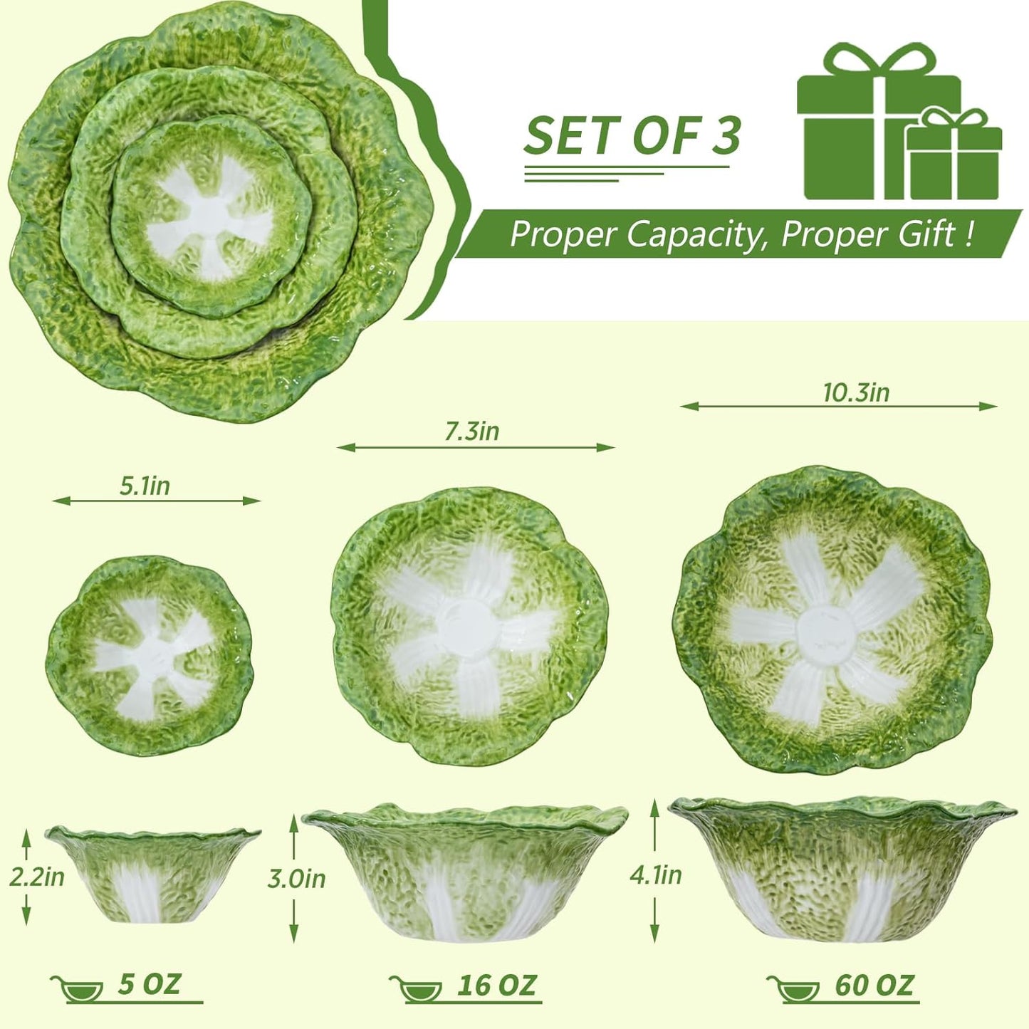 Ceramic Large Serving Bowls Set of 3, 60oz, 16oz, 5oz Salad Bowls Nesting Mixing Bowls, Green Cabbage Serving Dishes for Entertaining, Versatile Prep Bowls for Salad Fruit Snacks Soup Ice Cream Cereal