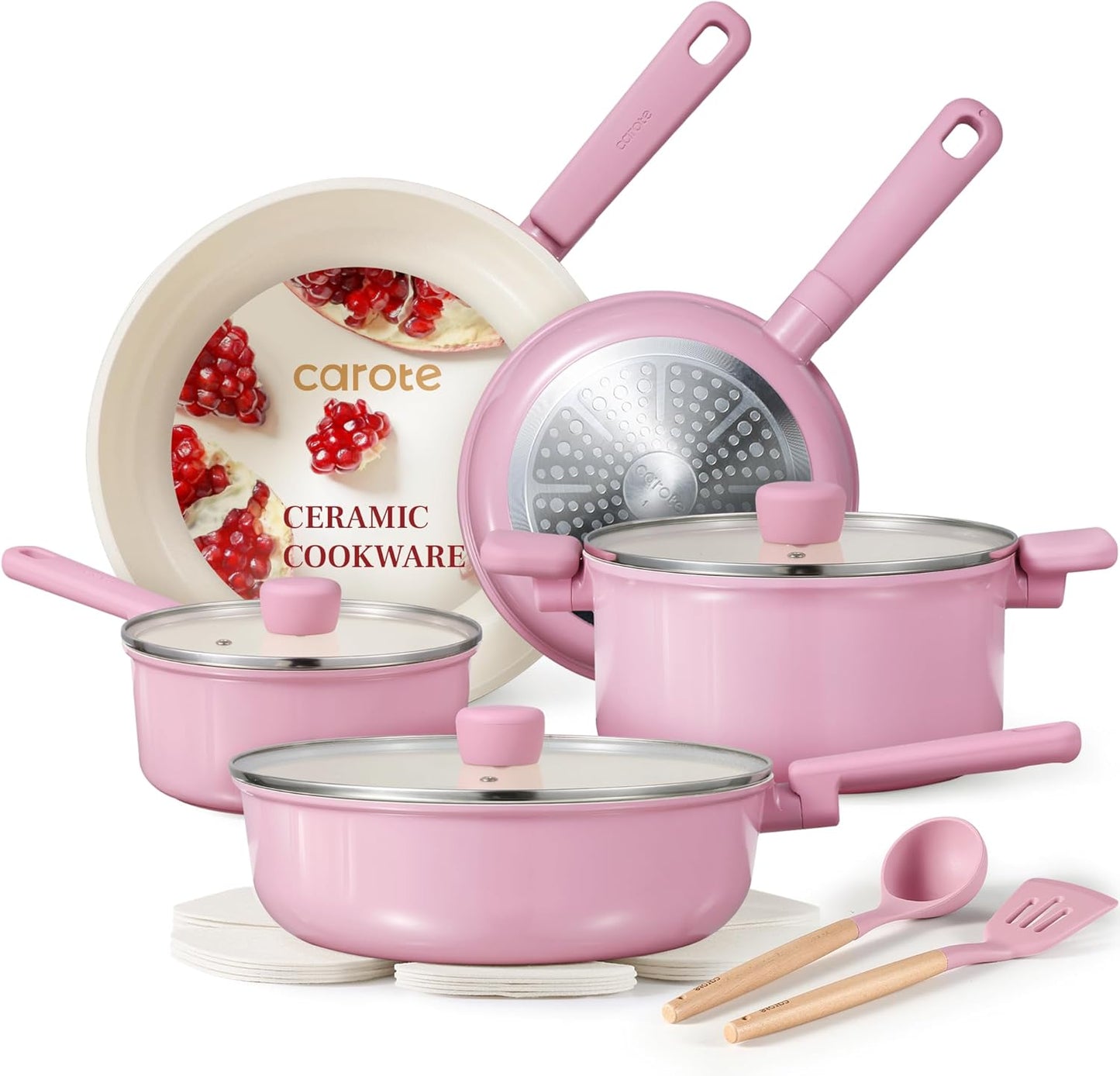 CAROTE 18Pcs Nonstick Ceramic Cookware Set, PFAS/PFOA Free, Cream White Pots and Pans Set Non Stick, Non-toxic Cookware,Kitchen Cooking Pan Set, Large Capacity