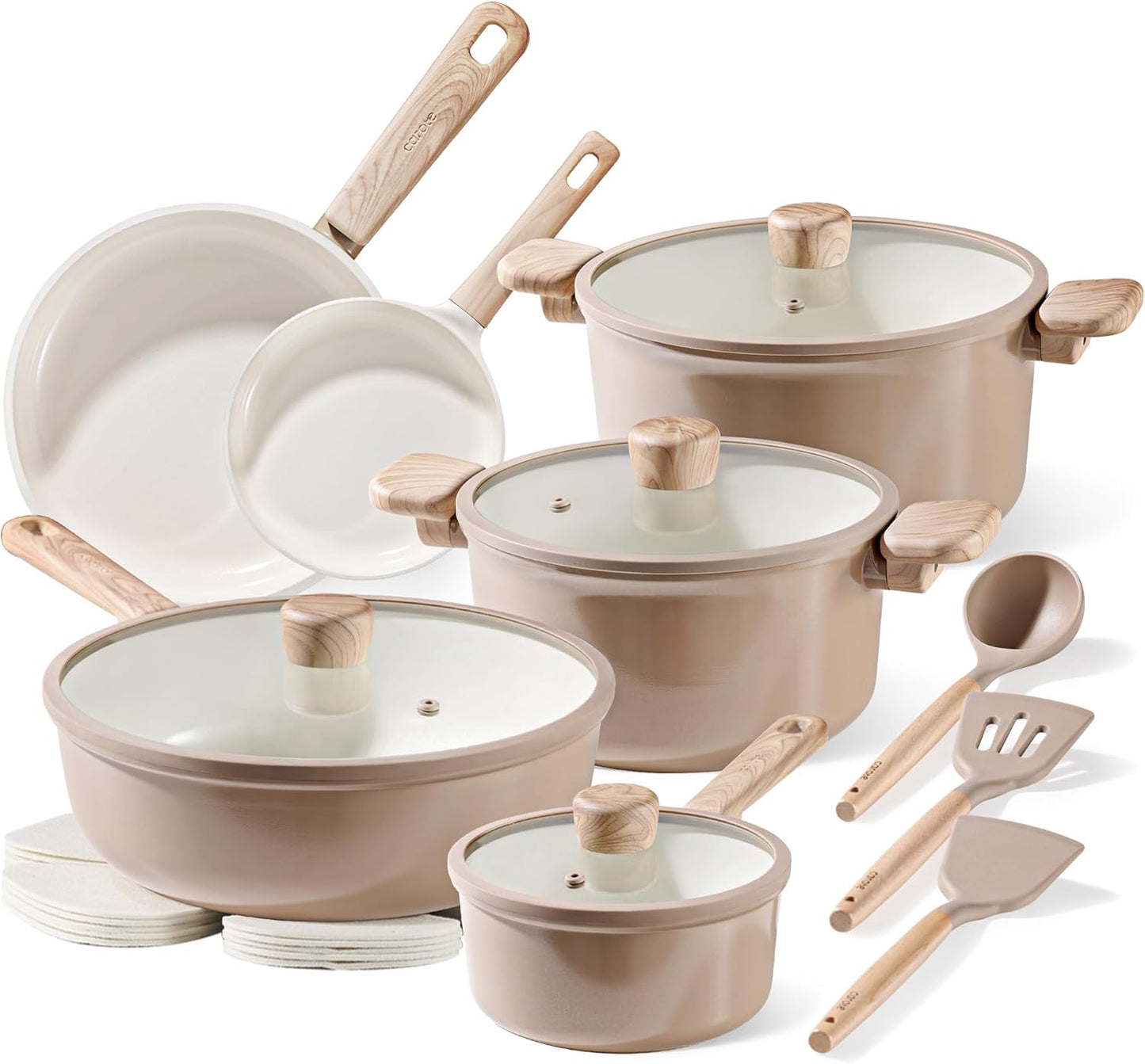 CAROTE 18Pcs Nonstick Ceramic Cookware Set, PFAS/PFOA Free, Cream White Pots and Pans Set Non Stick, Non-toxic Cookware,Kitchen Cooking Pan Set, Large Capacity