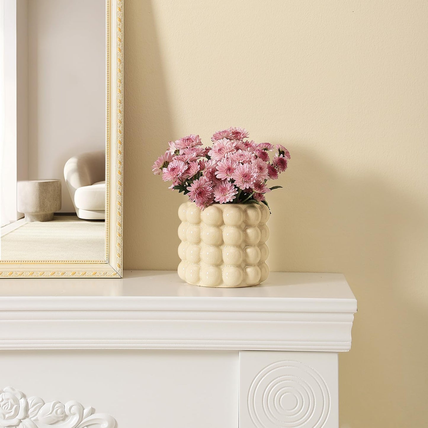 Bubble Vase, Beige Ceramic Vase for Flowers, Short Vases for Boho Decor, Decorative Vases for Flowers, Living Room, Bedroom, Office, Fireplace, Mantel, Coffee Table, 5 Inches