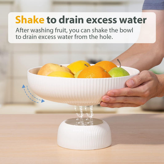 Ceramic Fruit Bowl with Draining Holes, 10" Large Fruit Basket with Multifunctional Removable Pedestal, Decorative Fruit Bowl for Table Countertop, Fruit and Vegetable Holder, White