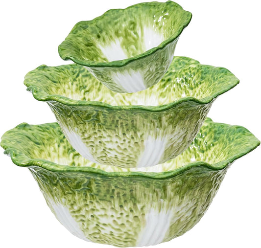 Ceramic Large Serving Bowls Set of 3, 60oz, 16oz, 5oz Salad Bowls Nesting Mixing Bowls, Green Cabbage Serving Dishes for Entertaining, Versatile Prep Bowls for Salad Fruit Snacks Soup Ice Cream Cereal