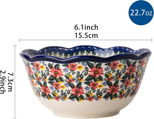Cereal Bowls Ceramic, 6" Serving Bowls Set of 4, Ideal as Cereal Bowls, Soup, Snack, Rice and Salad Bowls, Microwave and Dishwasher Safe 20 Oz Bowls, Vintage Blue (Exotic Daisy)