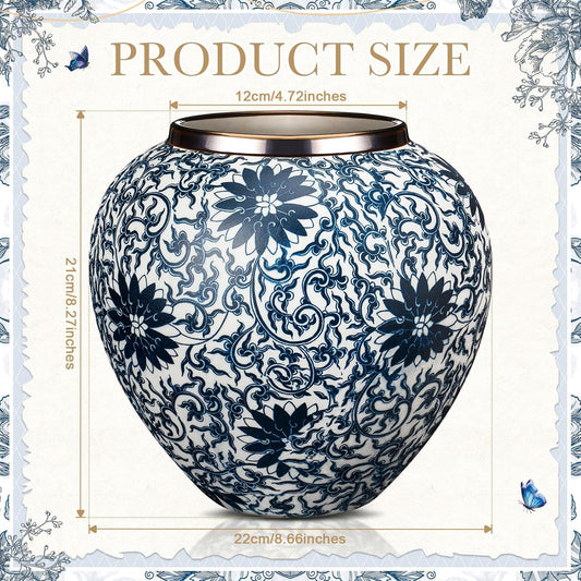 Blue and White Vases Ceramic Vintage Flower Vase 8. 27" H Terracotta Floral Round Rustic Pottery Large Vase for Home Cottage Decor Centerpieces Living Room Decoration(Chrysanthemum)