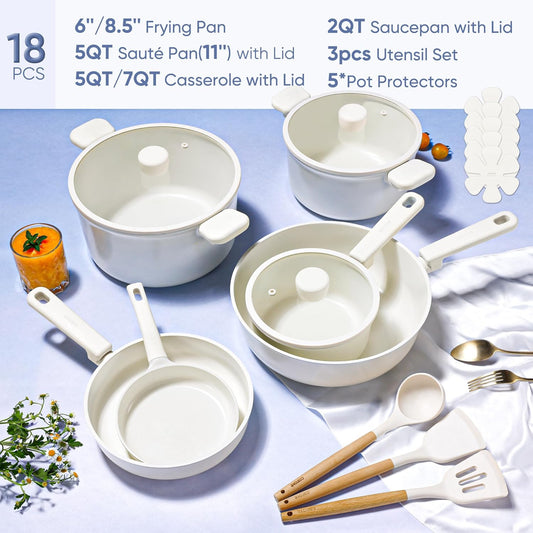 CAROTE 18Pcs Nonstick Ceramic Cookware Set, PFAS/PFOA Free, Cream White Pots and Pans Set Non Stick, Non-toxic Cookware,Kitchen Cooking Pan Set, Large Capacity