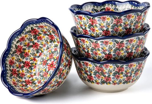 Cereal Bowls Ceramic, 6" Serving Bowls Set of 4, Ideal as Cereal Bowls, Soup, Snack, Rice and Salad Bowls, Microwave and Dishwasher Safe 20 Oz Bowls, Vintage Blue (Exotic Daisy)