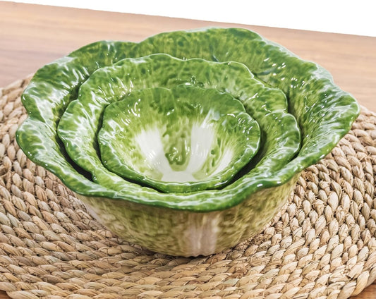 Ceramic Large Serving Bowls Set of 3, 60oz, 16oz, 5oz Salad Bowls Nesting Mixing Bowls, Green Cabbage Serving Dishes for Entertaining, Versatile Prep Bowls for Salad Fruit Snacks Soup Ice Cream Cereal